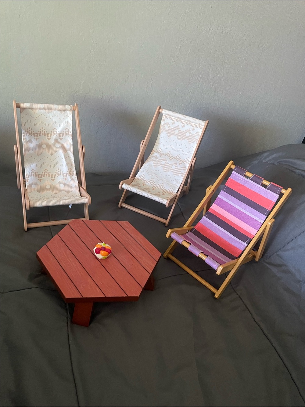 American Girl Red Hexagonal Table with Striped Beach Chairs